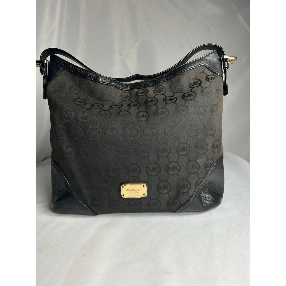 MICHAEL KORS Black Signature Canvas and Leather Millbrook Hobo Tote Bag